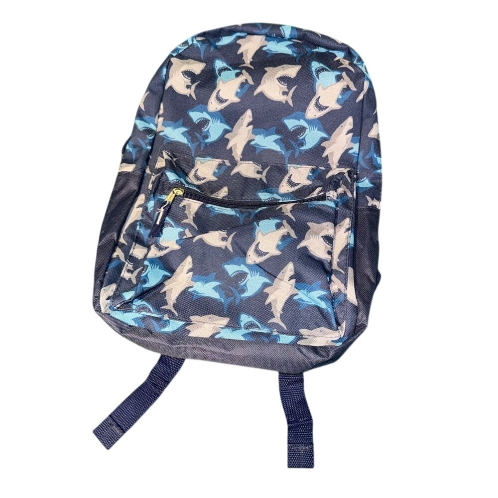 Blue Shark Print 17 Inch School Backpack Kids Boys Great White Shark Bag